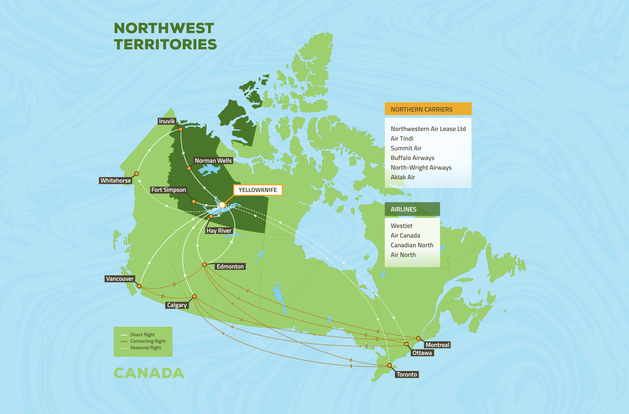 NWT Tourism map of Canada with flight plan routes getting to and around the NWT